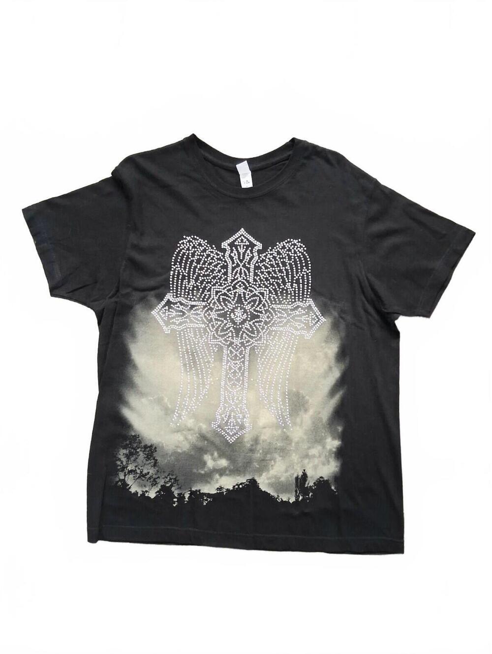 Y2K Vertex Apparel Men's Black Rhinestone Cross Graphic Short Sleeve T-Shirt